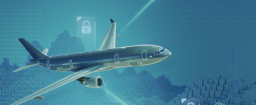 Image of a satellite and a plane communicating with a military land base