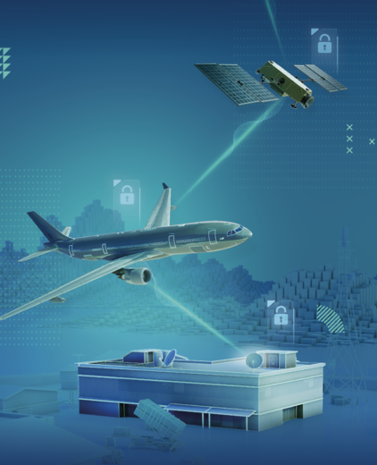 Image of a satellite and a plane communicating with a military land base